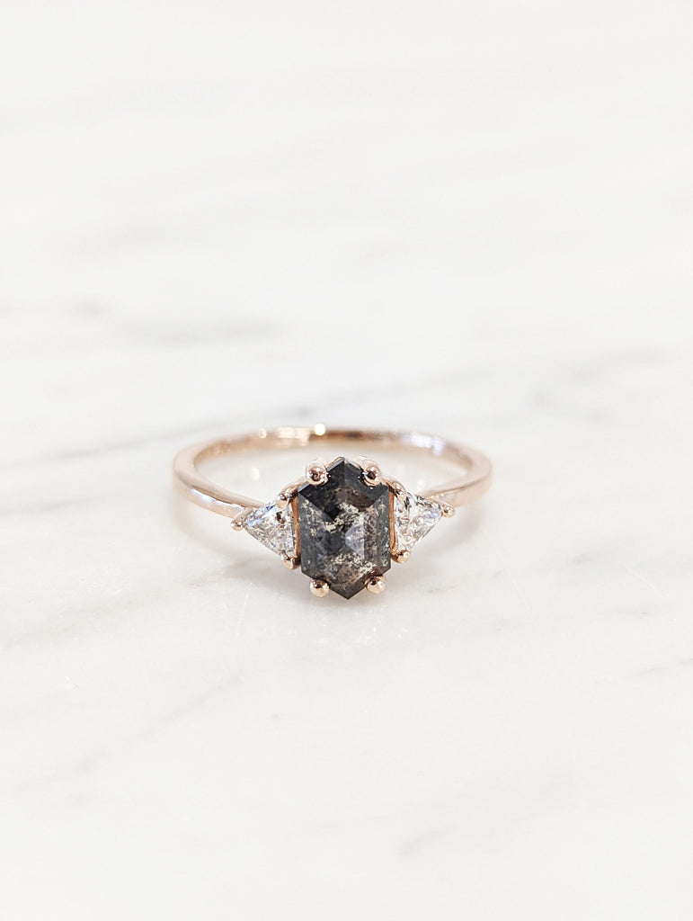 Raw Diamond Hexagon Triangle Diamond, Salt and Pepper, Plain Unique Bridal Engagement Set, Rose Cut Geometric Diamond Ring, Custom Handmade