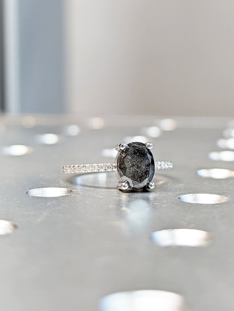 1920's Raw Salt and Pepper Diamond, Oval Diamond Ring, Unique Engagement Bridal Set, Black, Gray Oval, 14k Yellow, Rose, or White Gold