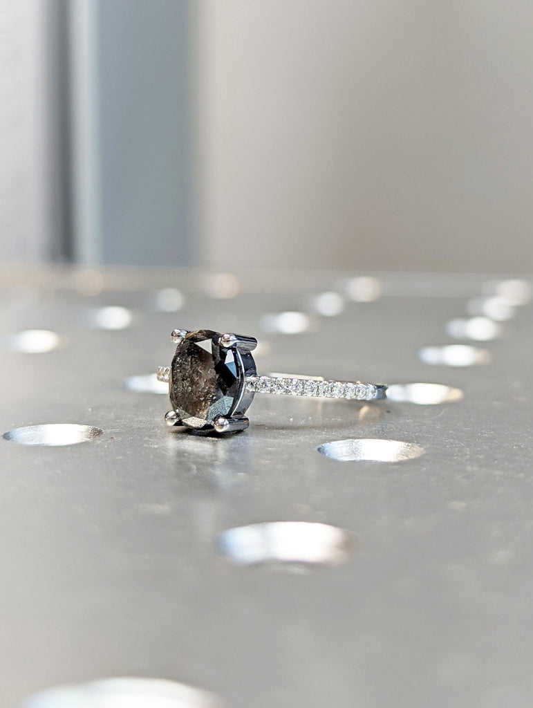 1920's Raw Salt and Pepper Diamond, Oval Diamond Ring, Unique Engagement Bridal Set, Black, Gray Oval, 14k Yellow, Rose, or White Gold