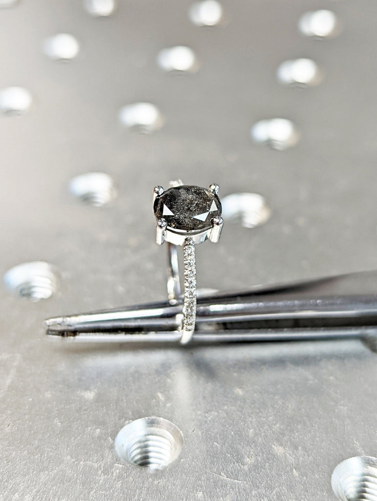1920's Raw Salt and Pepper Diamond, Oval Diamond Ring, Unique Engagement Bridal Set, Black, Gray Oval, 14k Yellow, Rose, or White Gold