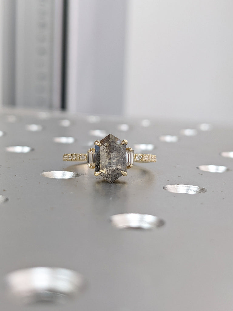 Raw Diamond Hexagon Baguette Diamond, Salt and Pepper, Unique Engagement Ring, Rose Cut Geometric Diamond Ring, 14k Gold, Custom Handmade