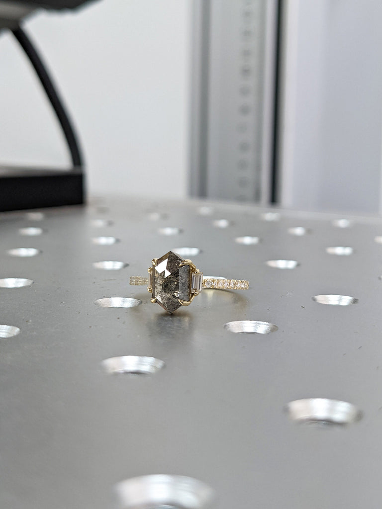 Raw Diamond Hexagon Baguette Diamond, Salt and Pepper, Unique Engagement Ring, Rose Cut Geometric Diamond Ring, 14k Gold, Custom Handmade