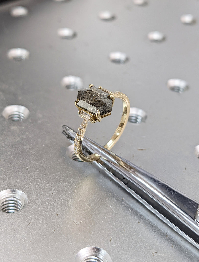 Raw Diamond Hexagon Baguette Diamond, Salt and Pepper, Unique Engagement Ring, Rose Cut Geometric Diamond Ring, 14k Gold, Custom Handmade