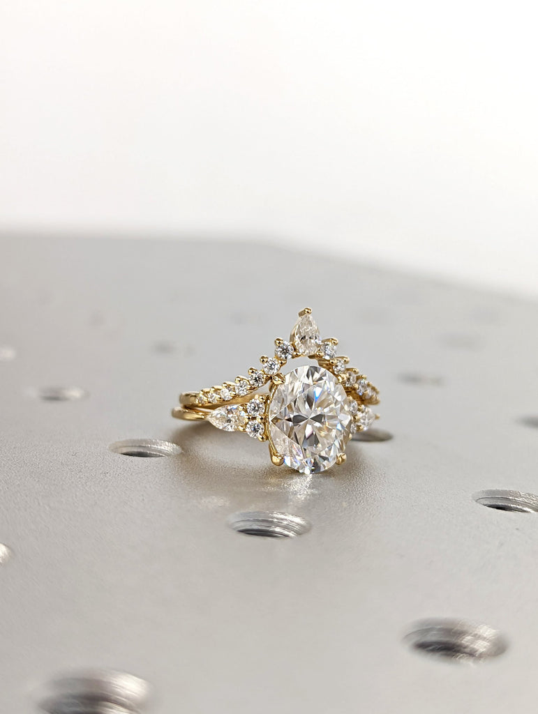Oval Moissanite engagement ring set rose gold ring Unique engagement ring vintage Curved Marquise cut Bridal ring Anniversary gift for women
