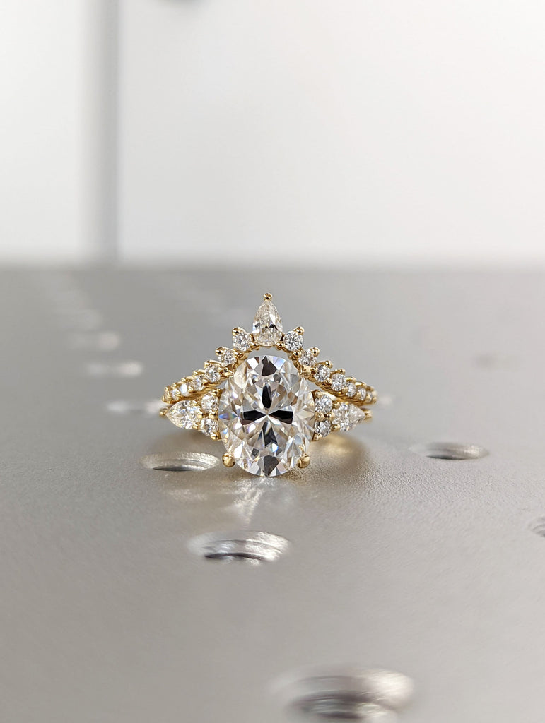 Oval Moissanite engagement ring set rose gold ring Unique engagement ring vintage Curved Marquise cut Bridal ring Anniversary gift for women