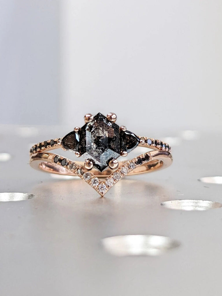 Raw Diamond Hexagon Triangle Diamond, Salt and Pepper, Unique Engagement Ring, Rose Cut Geometric Diamond Ring, 14k Gold, Custom Handmade