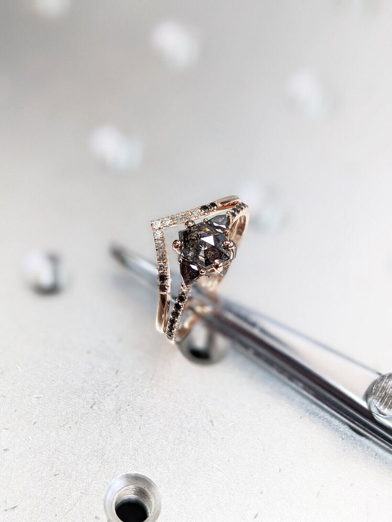 Raw Diamond Hexagon Triangle Diamond, Salt and Pepper, Unique Engagement Ring, Rose Cut Geometric Diamond Ring, 14k Gold, Custom Handmade