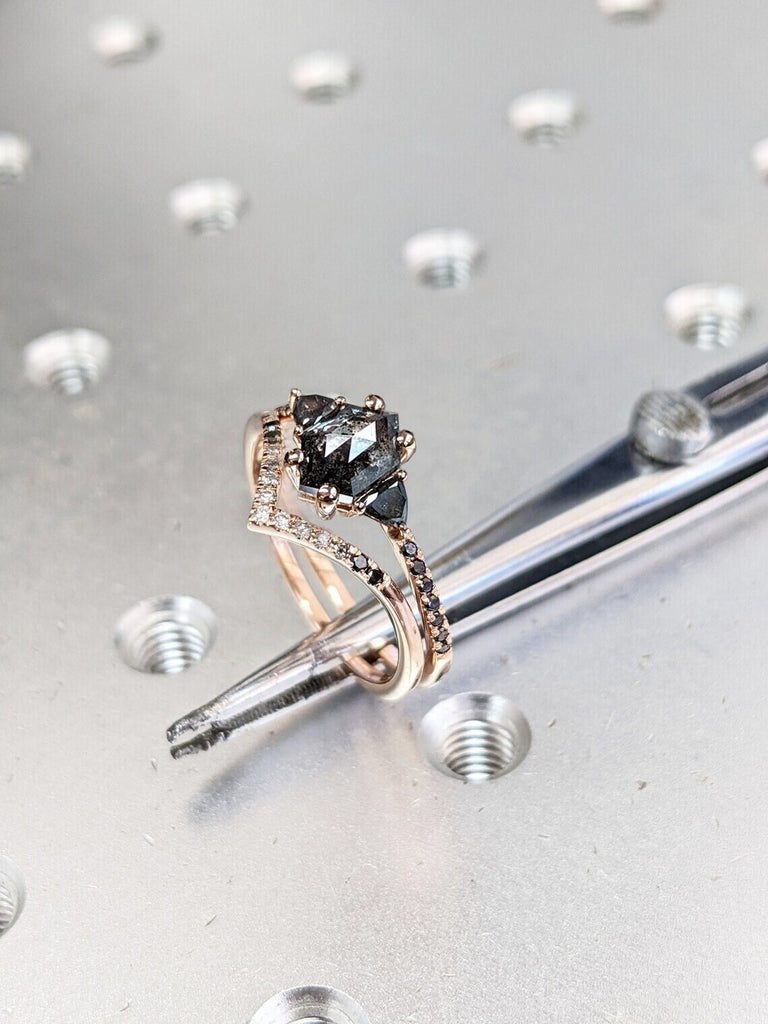 Raw Diamond Hexagon Triangle Diamond, Salt and Pepper, Unique Engagement Ring, Rose Cut Geometric Diamond Ring, 14k Gold, Custom Handmade