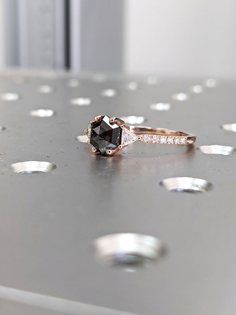 Raw Diamond Hexagon Triangle Diamond, Salt and Pepper, Unique Engagement Ring, Rose Cut Geometric Diamond Ring, 14k Gold, Custom Handmade