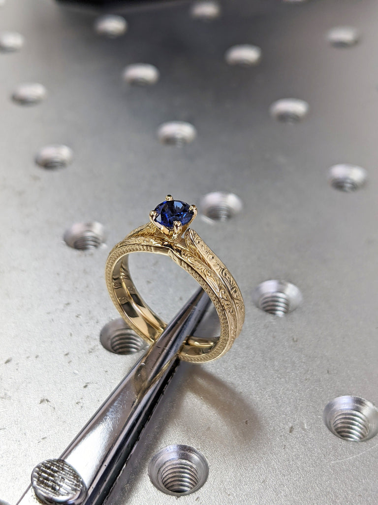 Blue Sapphire Engagement Ring, Vintage Inspired Sapphire Ring, Rose/Yellow/White Gold Round Sapphire Ring, Sapphire Ring