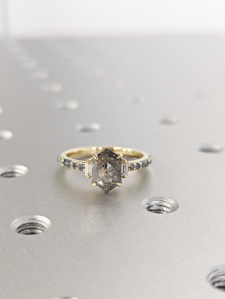 Raw Diamond Hexagon Baguette Diamond, Salt and Pepper, Unique Engagement Ring, Rose Cut Geometric Diamond Ring, 14k Gold, Custom Handmade