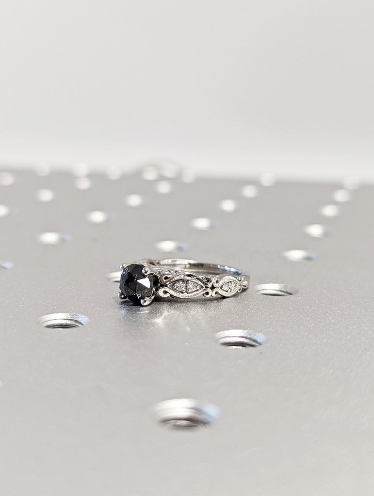 Raw Salt and Pepper Diamond Rose /White /Yellow Gold Engagement Ring Art Deco 1920's Inspired Bridal Set 14k Unique Ring for Her
