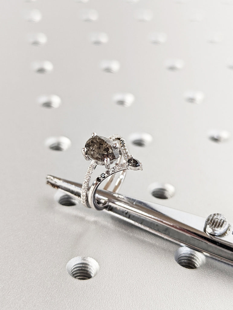 1920's Raw Salt and Pepper Diamond, Pear Diamond Ring, Unique Engagement Bridal Set, Black, Gray Pear, 14k Yellow, Rose, or White Gold