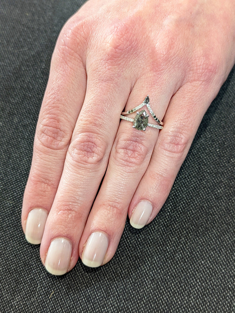 1920's Raw Salt and Pepper Diamond, Pear Diamond Ring, Unique Engagement Bridal Set, Black, Gray Pear, 14k Yellow, Rose, or White Gold