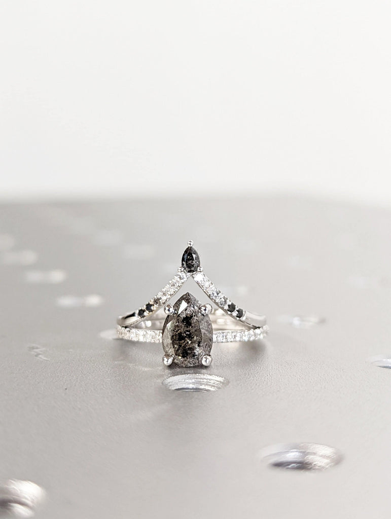 1920's Raw Salt and Pepper Diamond, Pear Diamond Ring, Unique Engagement Bridal Set, Black, Gray Pear, 14k Yellow, Rose, or White Gold