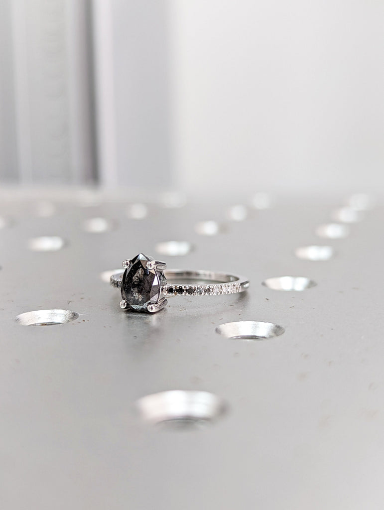 1920's Raw Salt and Pepper Diamond, Pear Diamond Ring, Ombre Unique Engagement Bridal Set, Black, Gray Pear, 14k Yellow, Rose White Gold