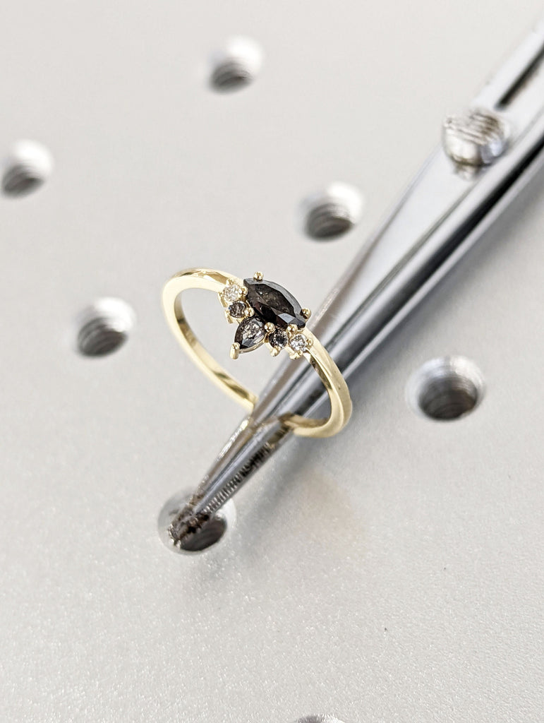 Marquise Salt and Pepper Diamond Wedding Ring, Unique Diamond Wedding Band, Wedding Engagement Ring, Minimalist Diamond Ring, Bridal Set