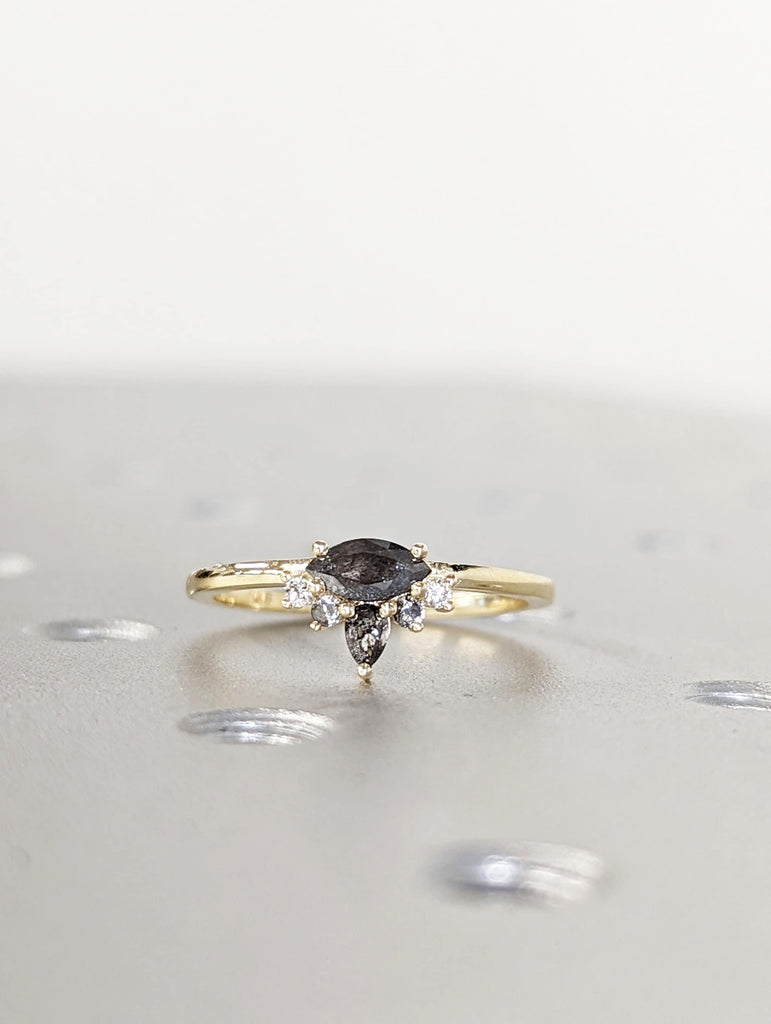 Marquise Salt and Pepper Diamond Wedding Ring, Unique Diamond Wedding Band, Wedding Engagement Ring, Minimalist Diamond Ring