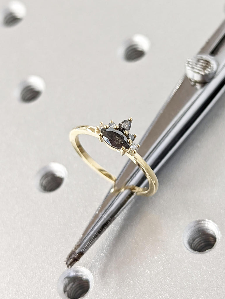 Marquise Salt and Pepper Diamond Wedding Ring, Unique Diamond Wedding Band, Wedding Engagement Ring, Minimalist Diamond Ring