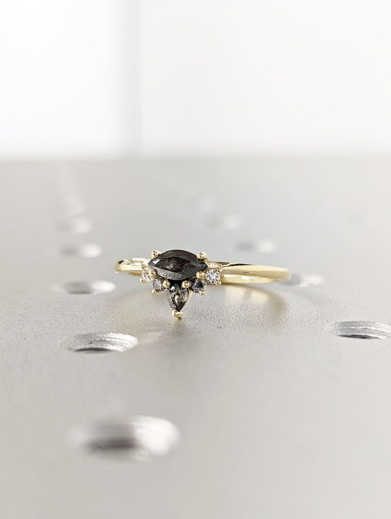 Marquise Salt and Pepper Diamond Wedding Ring, Unique Diamond Wedding Band, Wedding Engagement Ring, Minimalist Diamond Ring