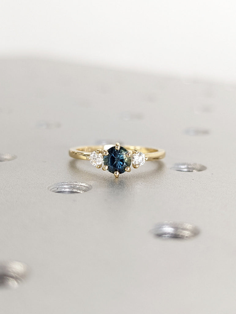 Teal Sapphire Engagement Ring Unique Round Blue Green Sapphire Ring Solid 14k Gold Diamond / Moissanite Wedding Bridal Ring Anniversary Ring