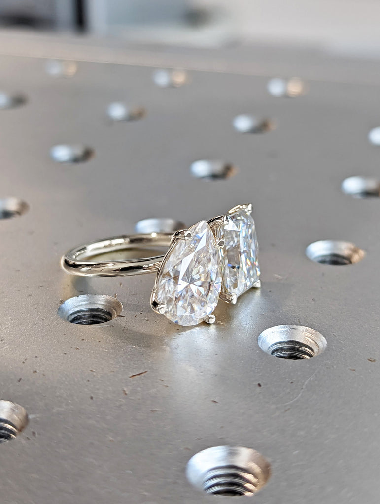 3 Carat Double Stone Engagement Ring Pear Cut and Radiant Cut Moissanite Two Stone Wedding Ring 14K White Yellow Rose Gold