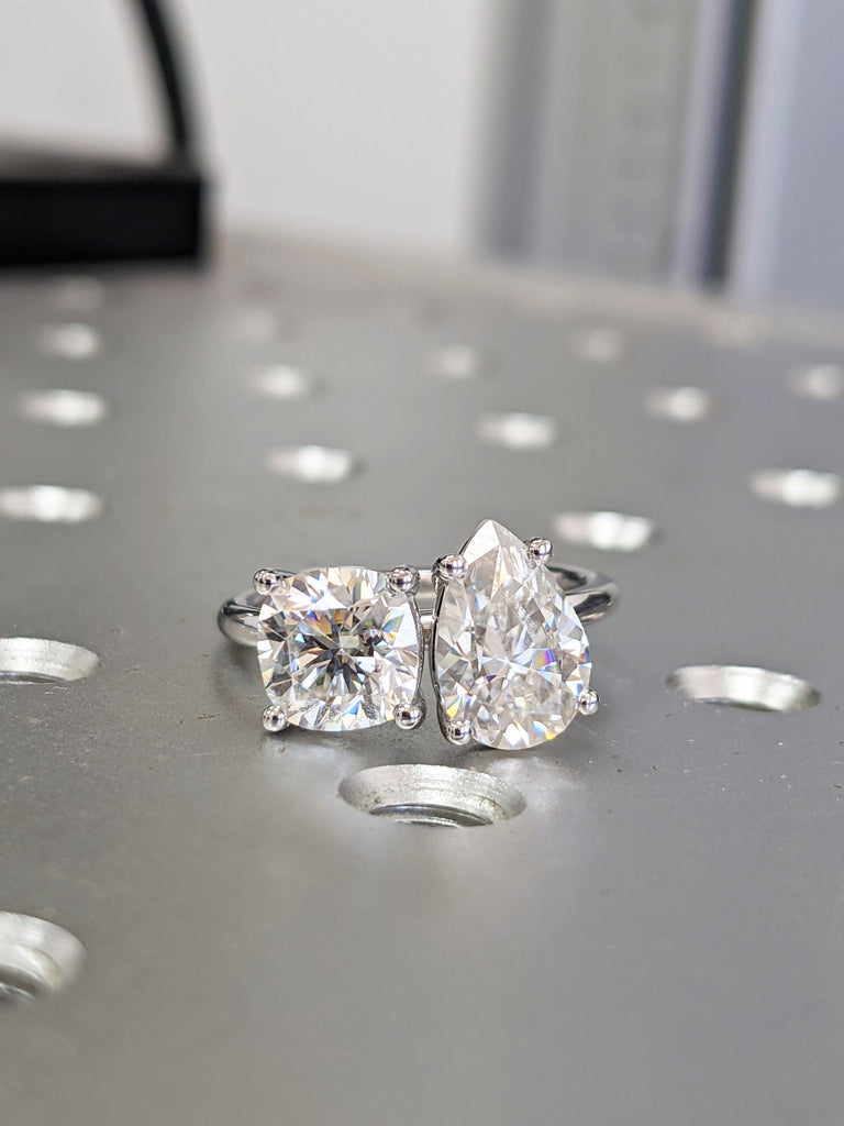 2.0 Carat Double Stone Engagement Ring Pear Cut and Cushion Cut Moissanite Two Stone Wedding Ring 14K White Yellow Rose Gold