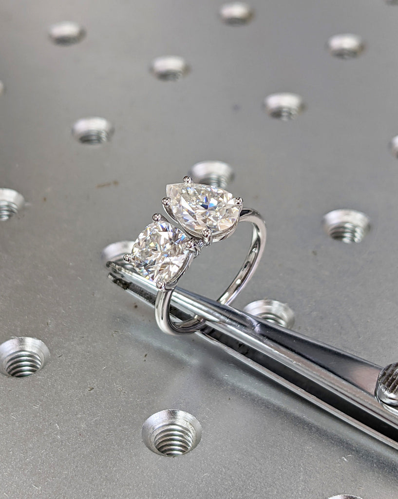 2.0 Carat Double Stone Engagement Ring Pear Cut and Cushion Cut Moissanite Two Stone Wedding Ring 14K White Yellow Rose Gold