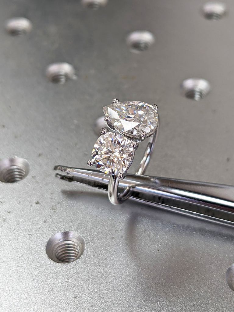 2.0 Carat Double Stone Engagement Ring Pear Cut and Cushion Cut Moissanite Two Stone Wedding Ring 14K White Yellow Rose Gold