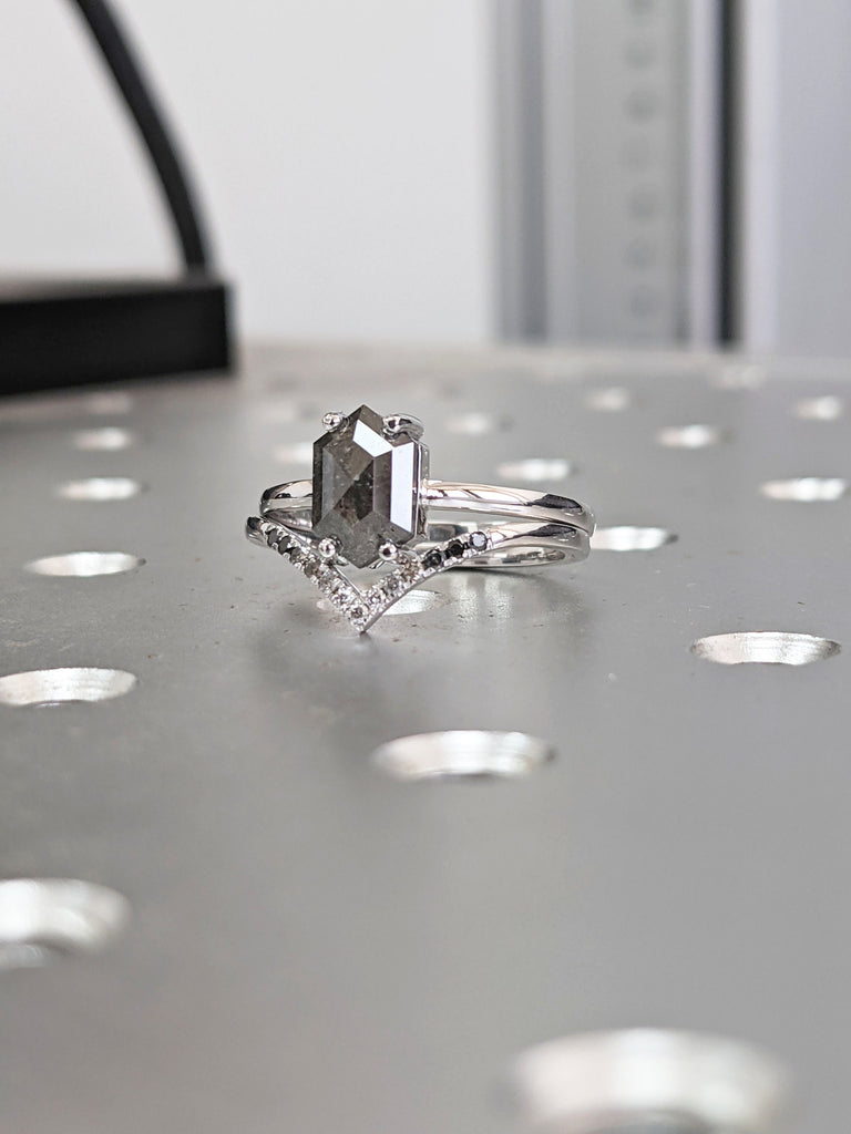 Raw Diamond, Salt and Pepper, Hexagon, Unique Engagement Ring, Bridal Set, Rose Cut Geometric Diamond Ring, 14k Gold, Custom Handmade