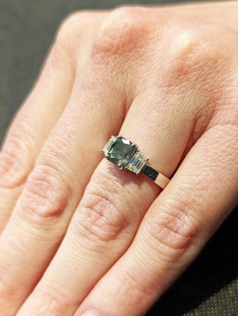 Cushion cut Diamond Ring-Rose Cut Diamond Engagement Ring-Salt and Pepper Diamond Ring-Dainty Engagement Ring-White Gold Diamond Ring