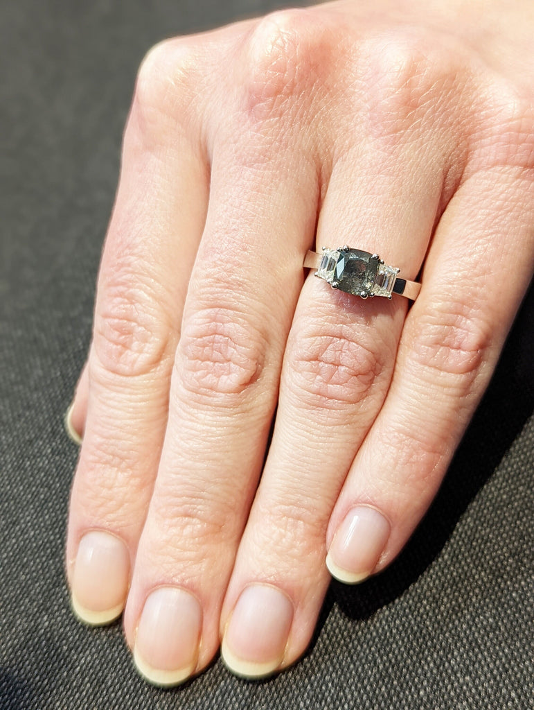 1.5 ct. Cushion salt & pepper Trapezoid Engagement Ring, Raw Diamond Ring, Salt and Pepper, Unique Engagement Ring, three stone Diamond Ring