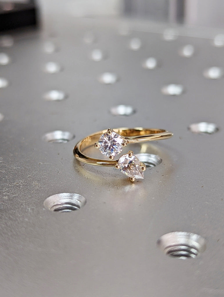 0.5 Carat Double Stone Engagement Ring, Toi Et Moi Ring, Pear and Brilliant Cut Moissanite Two Stone Open Ring, Engagement Toi Et Moi Ring