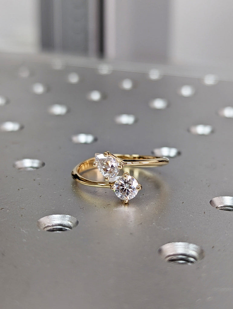0.5 Carat Double Stone Engagement Ring, Toi Et Moi Ring, Pear and Brilliant Cut Moissanite Two Stone Open Ring, Engagement Toi Et Moi Ring