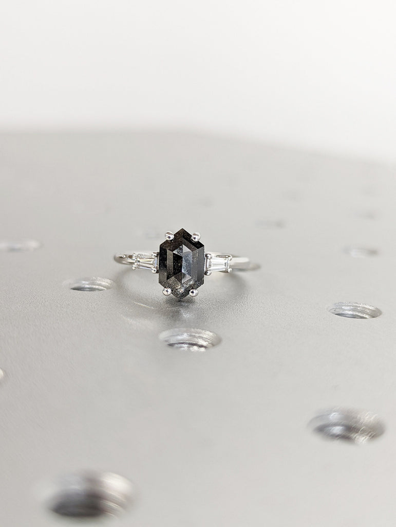 Raw Diamond Hexagon Tapered baguette Diamond, Salt and Pepper, Unique Bridal Engagement, Rose Cut Geometric Diamond Ring, Custom Handmade