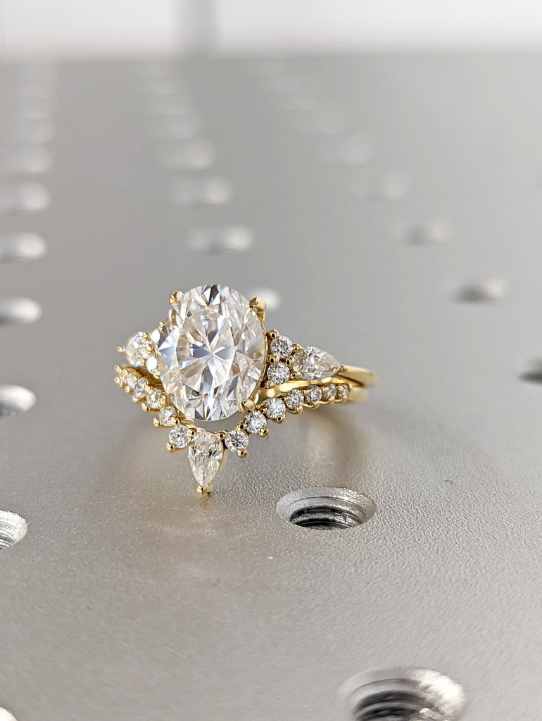 Oval Moissanite engagement ring set rose gold ring Unique engagement ring vintage Curved Marquise cut Bridal ring Anniversary gift for women