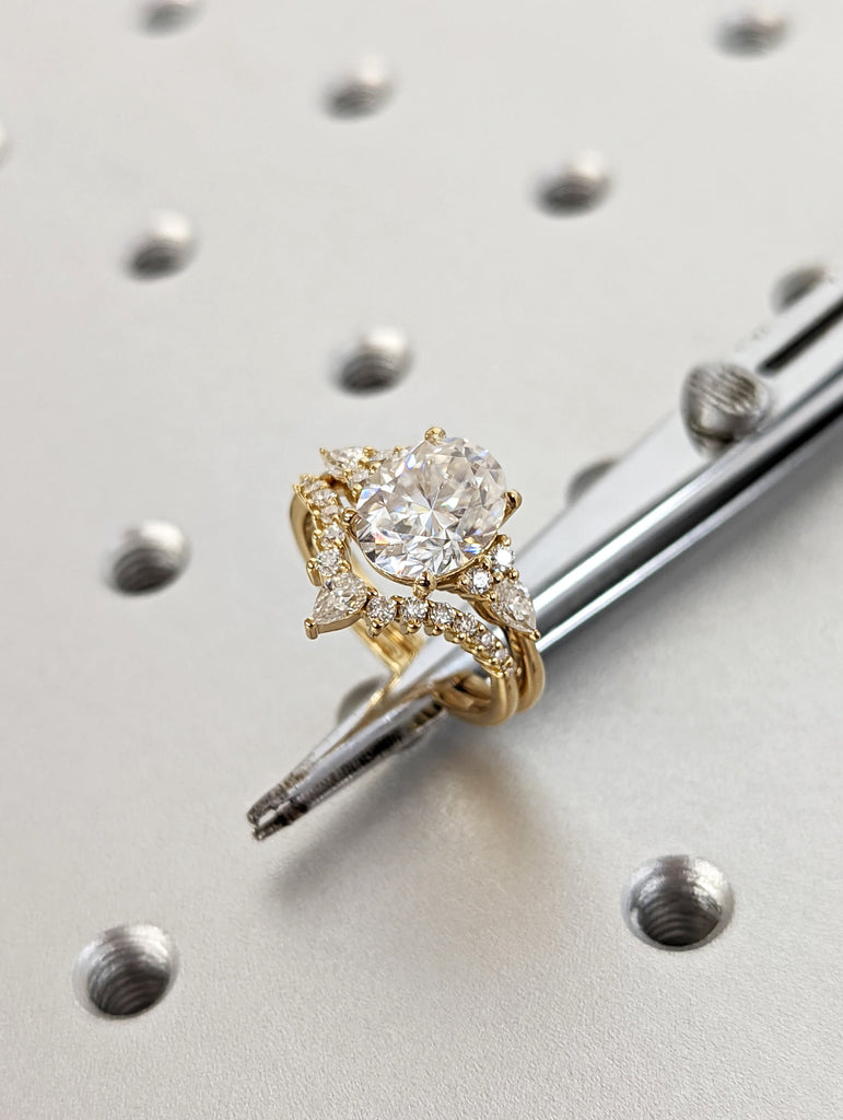 Oval Moissanite engagement ring set rose gold ring Unique engagement ring vintage Curved Marquise cut Bridal ring Anniversary gift for women