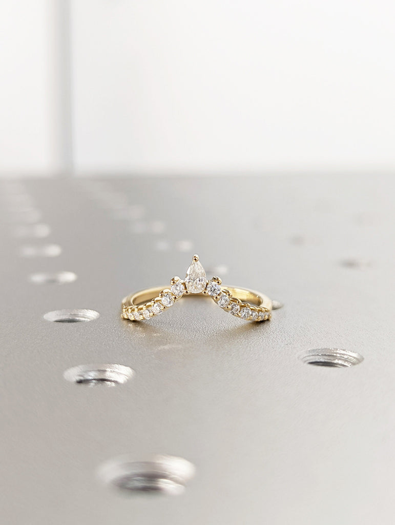 Pear shaped curved wedding band Yellow gold moissanite wedding band unique vintage diamond stacking matching wedding Bridal Gift for women