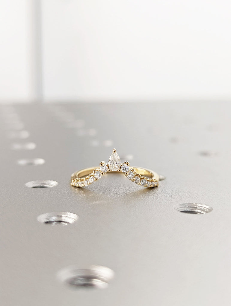 Pear shaped curved wedding band Yellow gold moissanite wedding band unique vintage diamond stacking matching wedding Bridal Gift for women