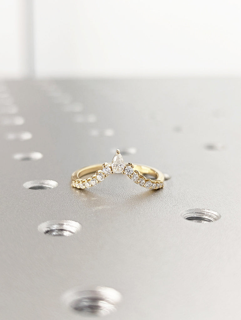 Pear shaped curved wedding band Yellow gold moissanite wedding band unique vintage diamond stacking matching wedding Bridal Gift for women