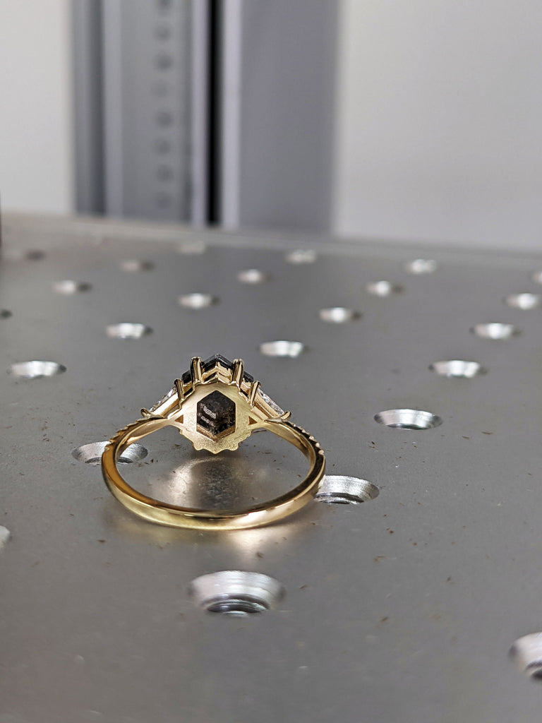 Raw Diamond Hexagon Triangle Diamond, Salt and Pepper, Unique Engagement Ring, Rose Cut Geometric Diamond Ring, 14k Gold, Custom Handmade