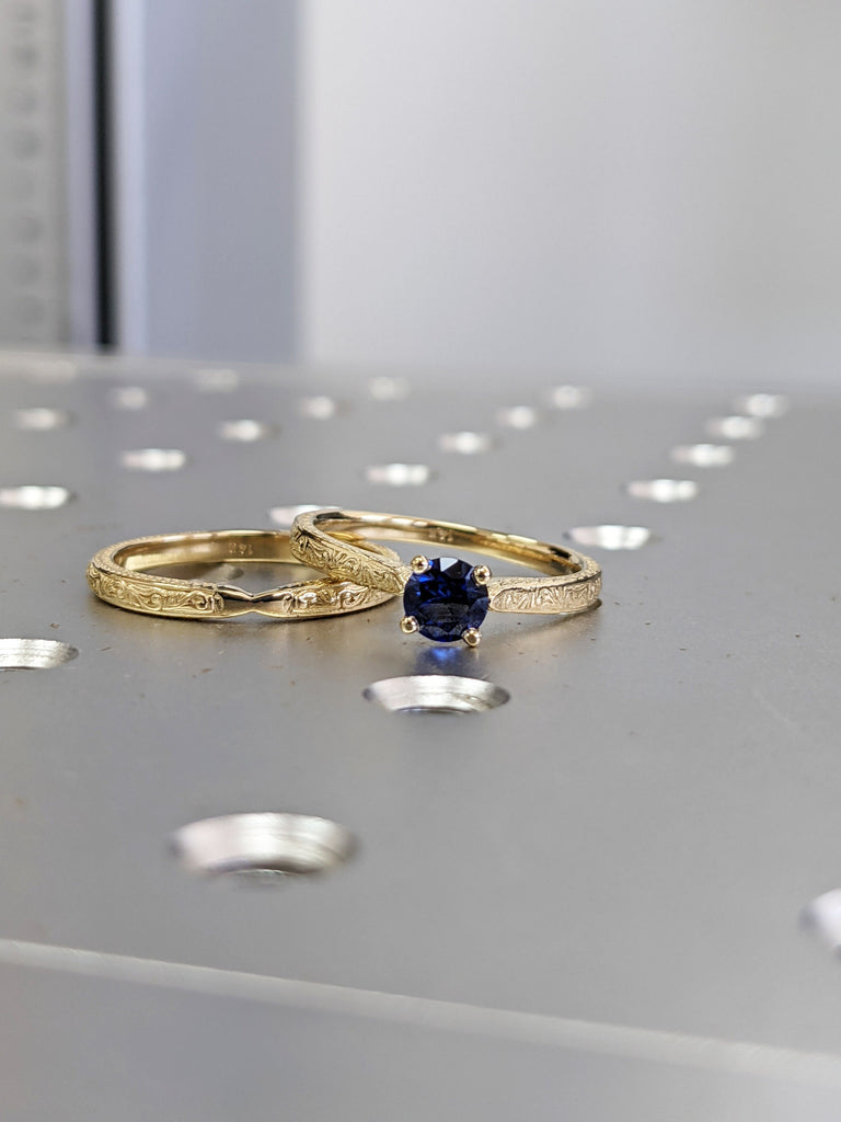 Blue Sapphire Engagement Ring, Vintage Inspired Sapphire Ring, Rose/Yellow/White Gold Round Sapphire Ring, Sapphire Ring