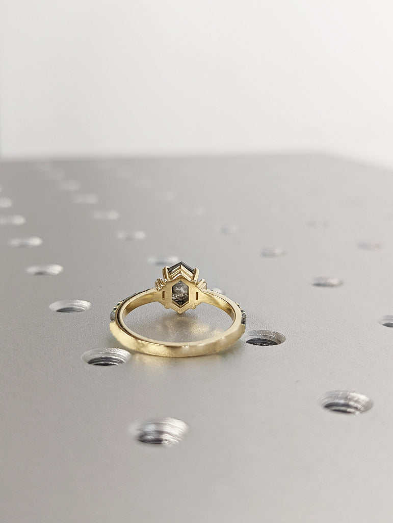 Raw Diamond Hexagon Baguette Diamond, Salt and Pepper, Unique Engagement Ring, Rose Cut Geometric Diamond Ring, 14k Gold, Custom Handmade