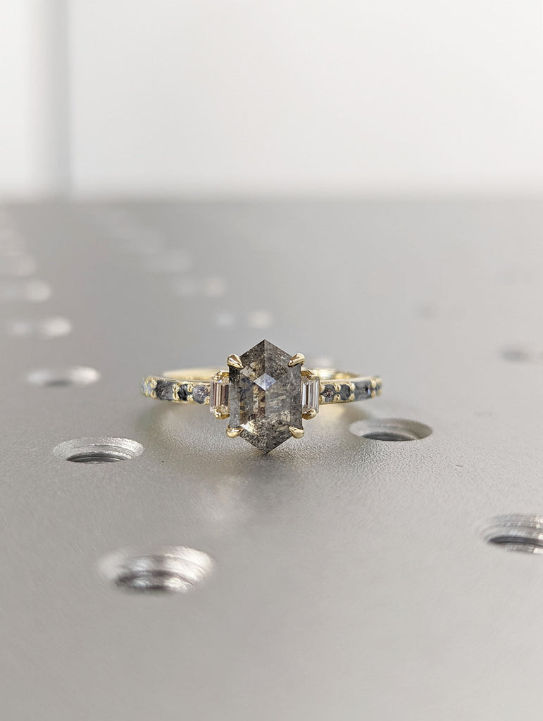 Raw Diamond Hexagon Baguette Diamond, Salt and Pepper, Unique Engagement Ring, Rose Cut Geometric Diamond Ring, 14k Gold, Custom Handmade