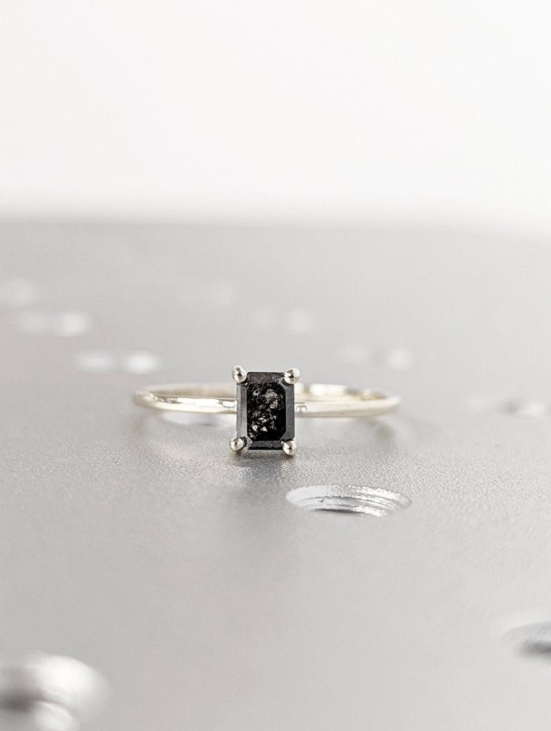 Solitaire Emerald Diamond Ring, Unique Salt And Pepper Emerald Cut Diamond Ring, Antique Inspired Emerald Diamond Ring