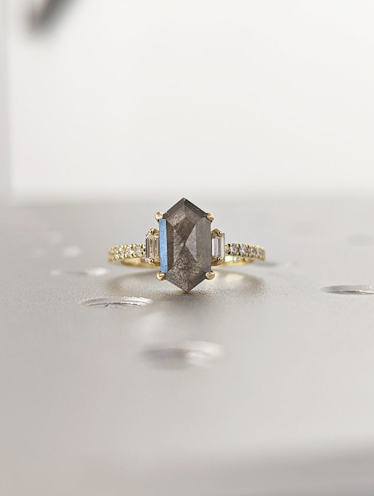 Raw Diamond Hexagon Baguette Diamond, Salt and Pepper, Unique Engagement Ring, Rose Cut Geometric Diamond Ring, 14k Gold, Custom Handmade