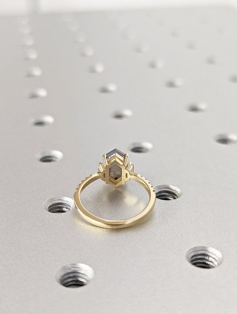 Raw Diamond Hexagon Baguette Diamond, Salt and Pepper, Unique Engagement Ring, Rose Cut Geometric Diamond Ring, 14k Gold, Custom Handmade