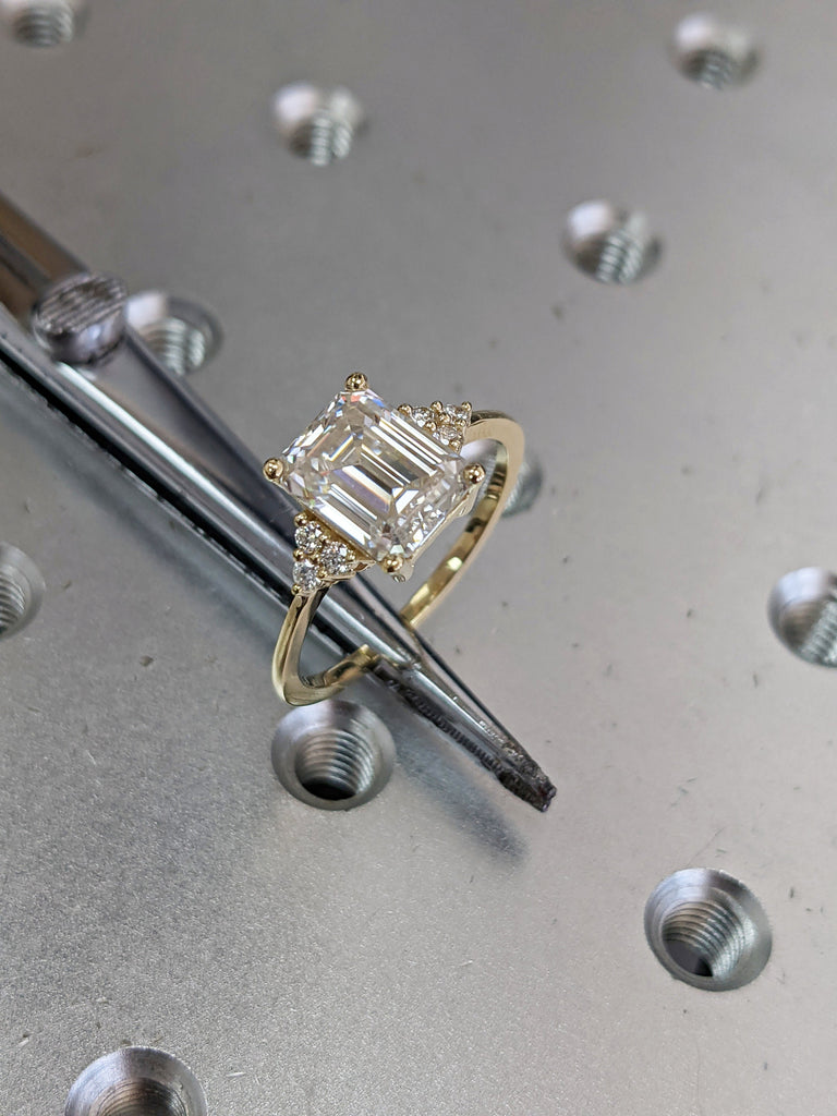 2.5 ct. Emerald cut Moissanite engagement ring vintage yellow gold Round moissanite ring Cluster ring unique ring engagement ring