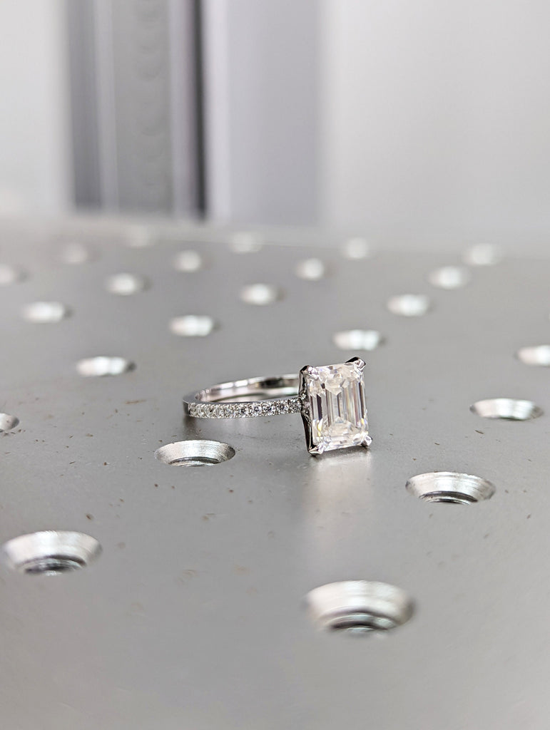 6x8mm Emerald Moissanite Engagement Ring, Emerald Wedding Ring, Unique Anniversary Ring, Promise Gift For Her, Antique Art Deco Bridal Ring