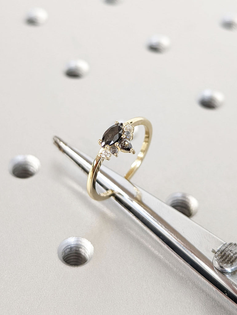 Marquise Salt and Pepper Diamond Wedding Ring, Unique Diamond Wedding Band, Wedding Engagement Ring, Minimalist Diamond Ring